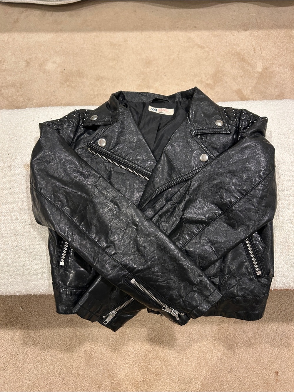 H&M Black Faux Leather Biker Jacket with Silver Hardware